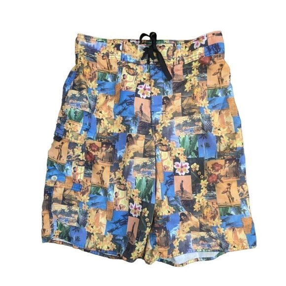 Ron Jon Surf Shop Mens Swim Board Shorts Hawaiian Collage Yellow Size 31 - Picture 1 of 7